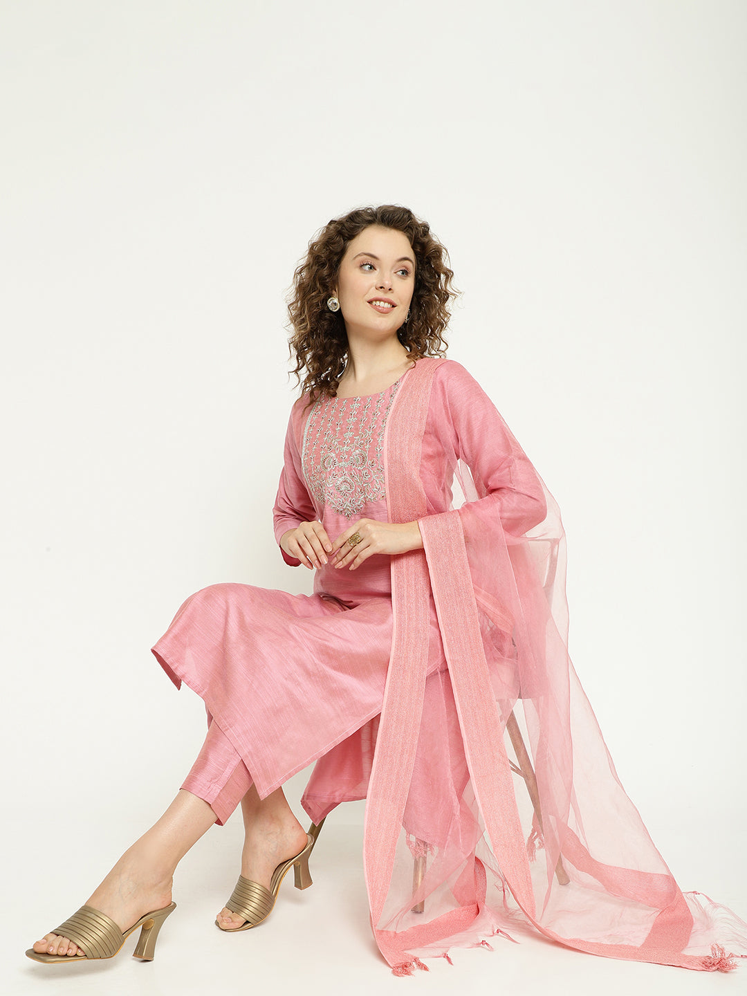 Pink Magic Cotton Embroidered Kurta Pant Set with Organza Dupatta