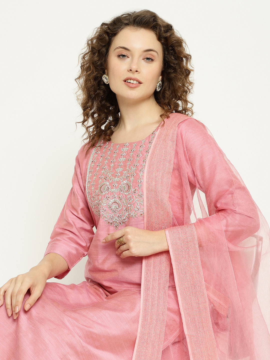 Pink Magic Cotton Embroidered Kurta Pant Set with Organza Dupatta