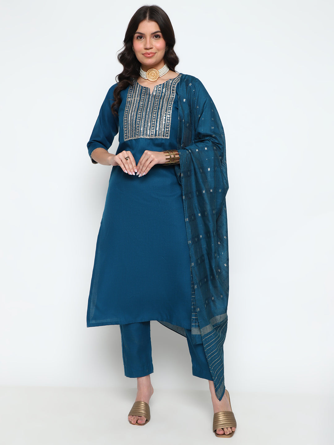 Teal Blue Magic Cotton Embroidered Kurta Pant Set with Dupatta