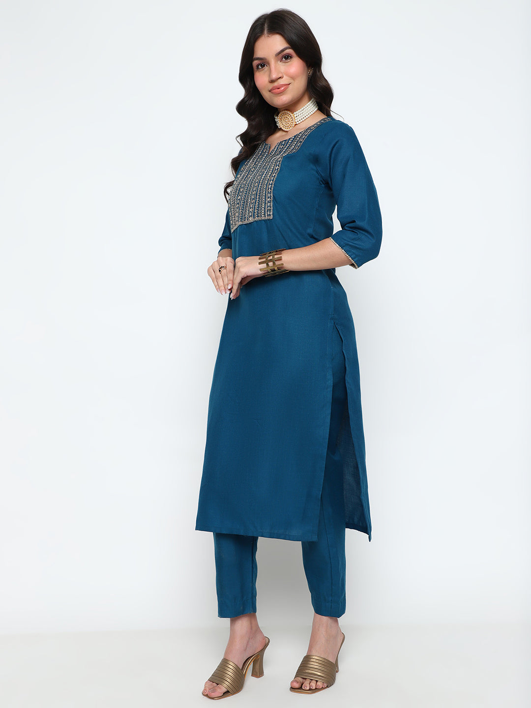 Teal Blue Magic Cotton Embroidered Kurta Pant Set with Dupatta