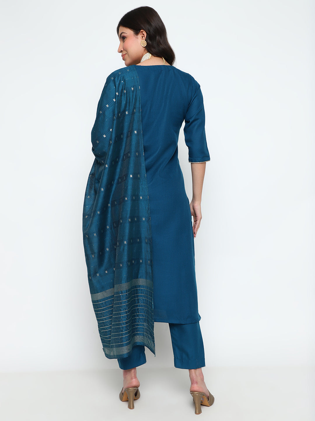 Teal Blue Magic Cotton Embroidered Kurta Pant Set with Dupatta
