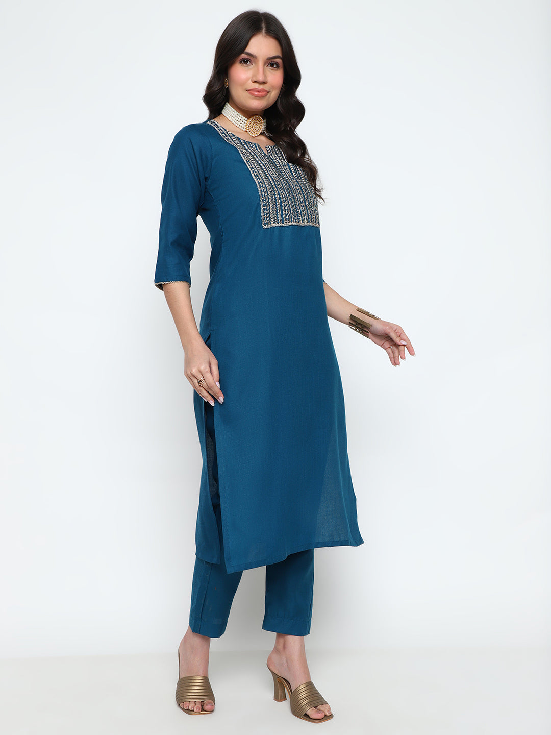 Teal Blue Magic Cotton Embroidered Kurta Pant Set with Dupatta