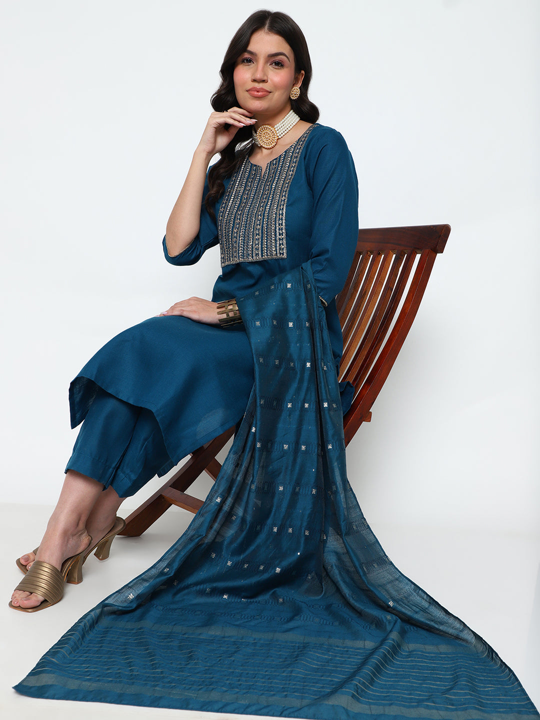 Teal Blue Magic Cotton Embroidered Kurta Pant Set with Dupatta