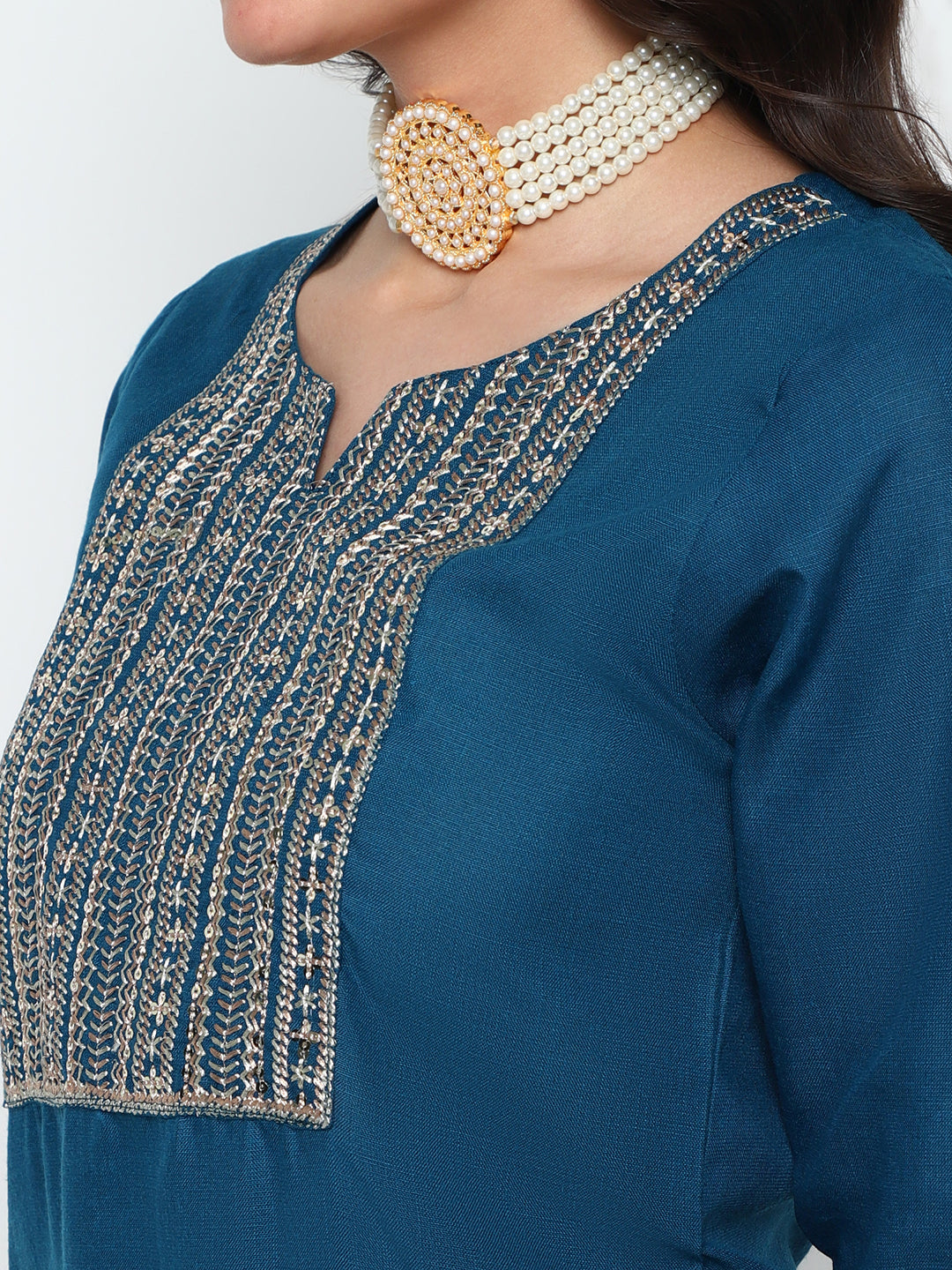 Teal Blue Magic Cotton Embroidered Kurta Pant Set with Dupatta