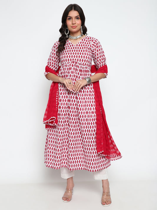 White & Red Ethnic Motif Printed Kurta