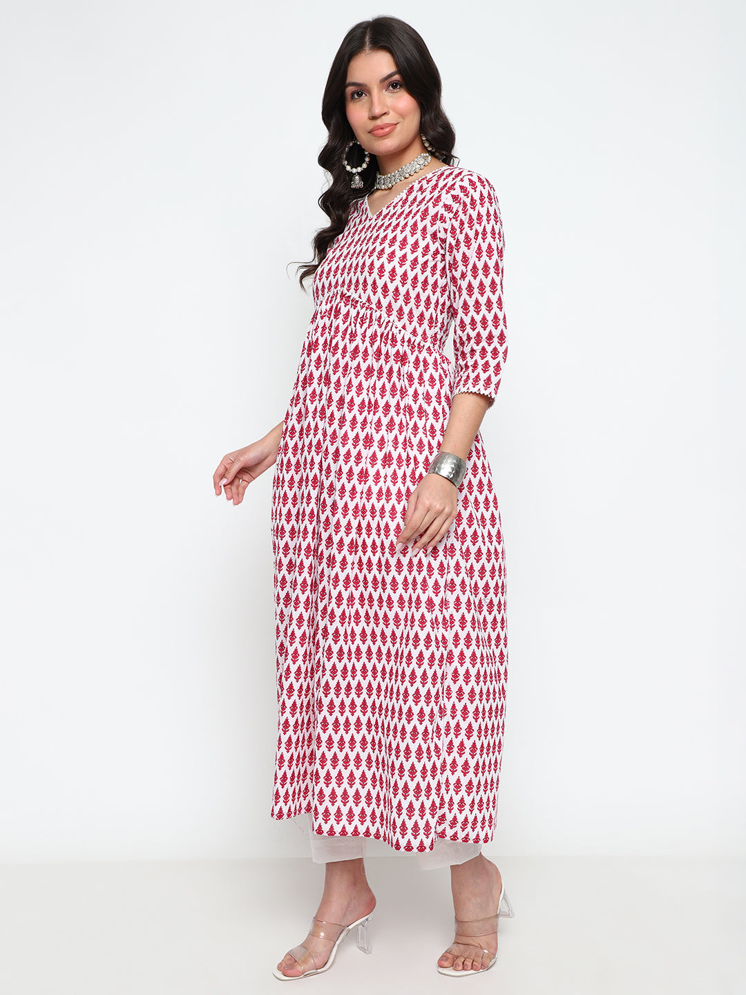 White & Red Ethnic Motif Printed Kurta