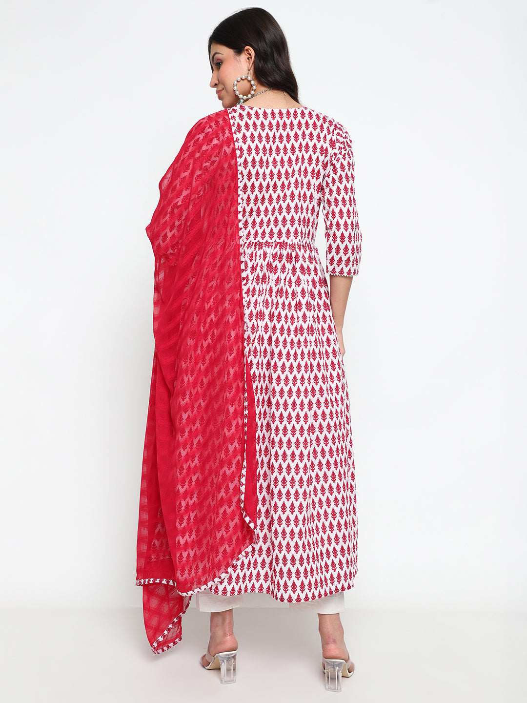 White & Red Ethnic Motif Printed Kurta