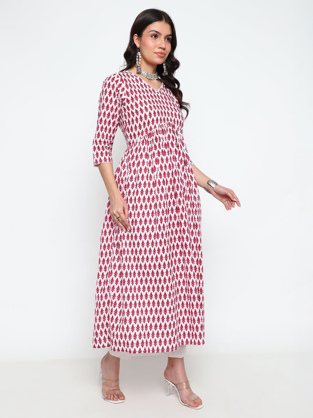 White & Red Ethnic Motif Printed Kurta