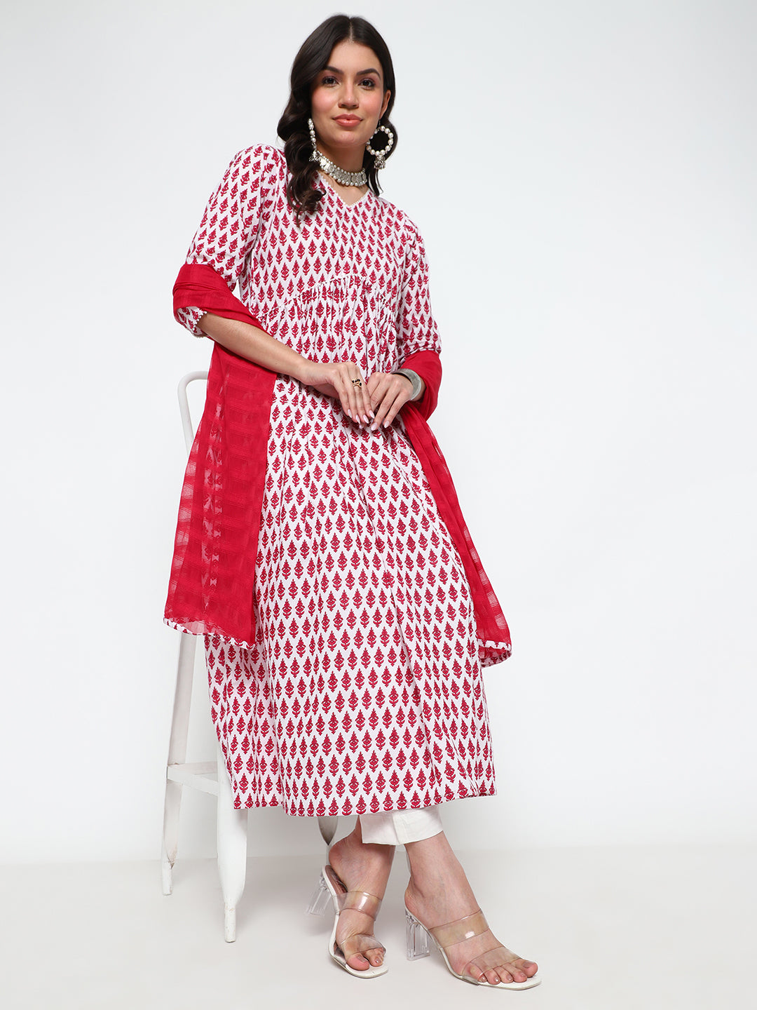 White & Red Ethnic Motif Printed Kurta