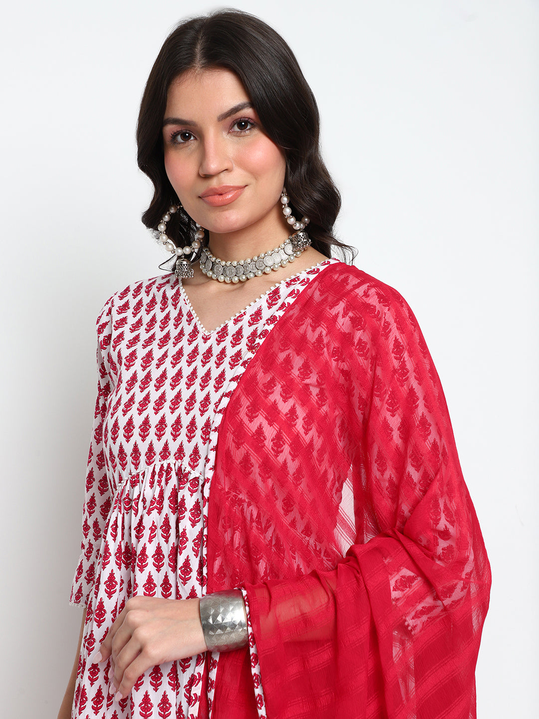 White & Red Ethnic Motif Printed Kurta