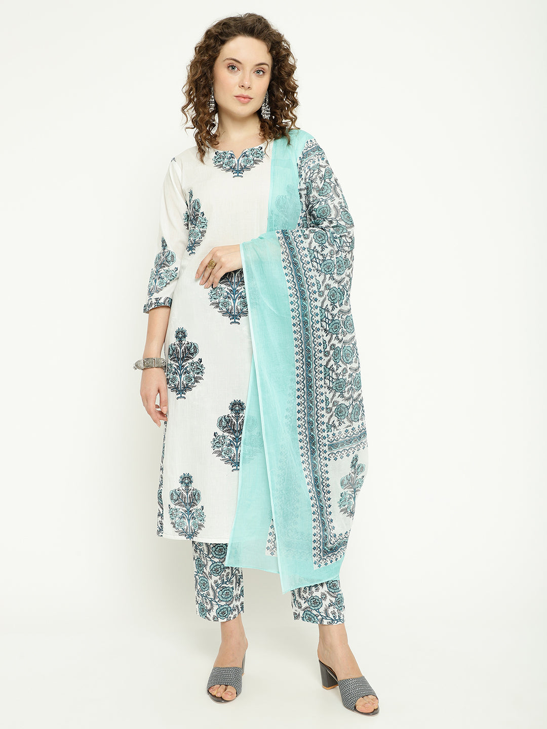 White & Aqua Blue Printed Cotton Kurta Set with Dupatta