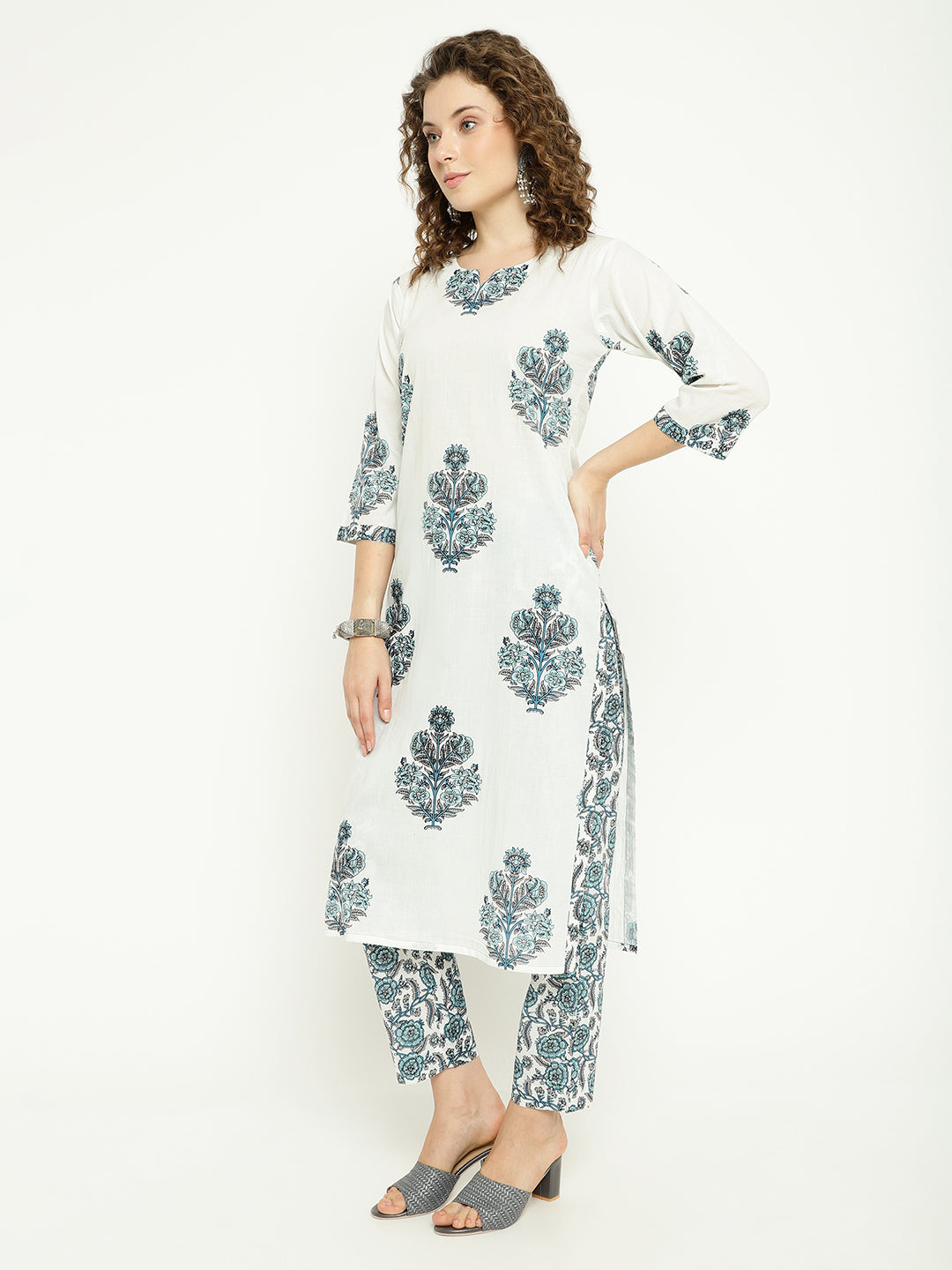 White & Aqua Blue Printed Cotton Kurta Set with Dupatta