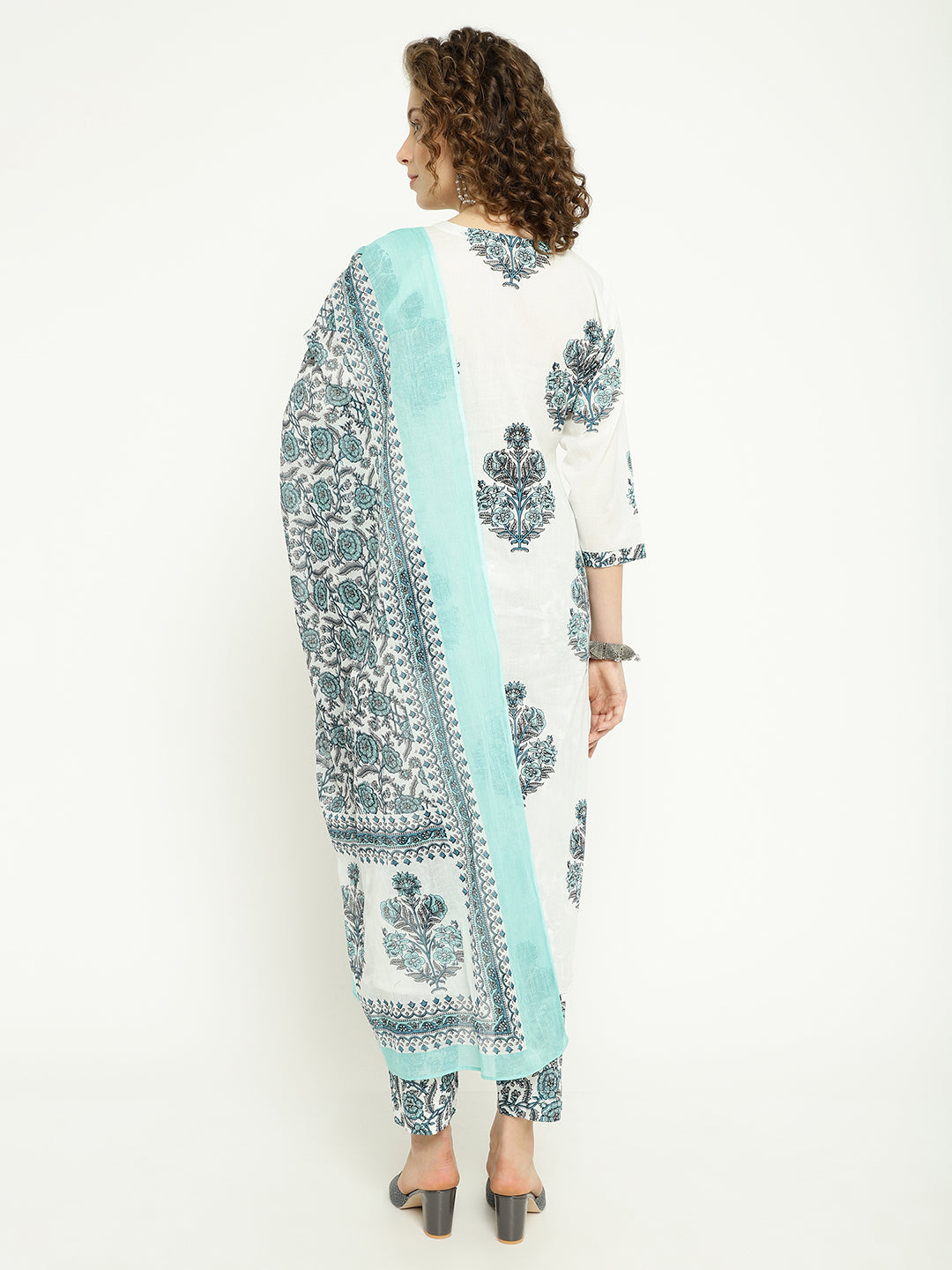 White & Aqua Blue Printed Cotton Kurta Set with Dupatta