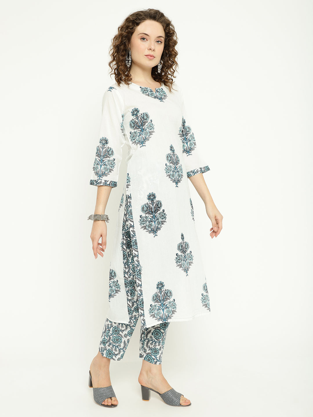 White & Aqua Blue Printed Cotton Kurta Set with Dupatta