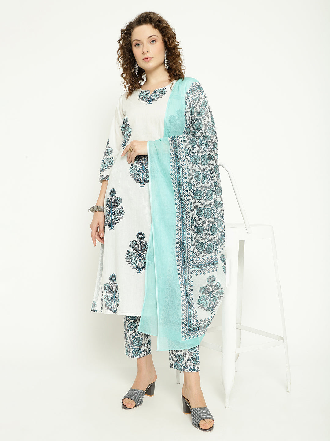 White & Aqua Blue Printed Cotton Kurta Set with Dupatta