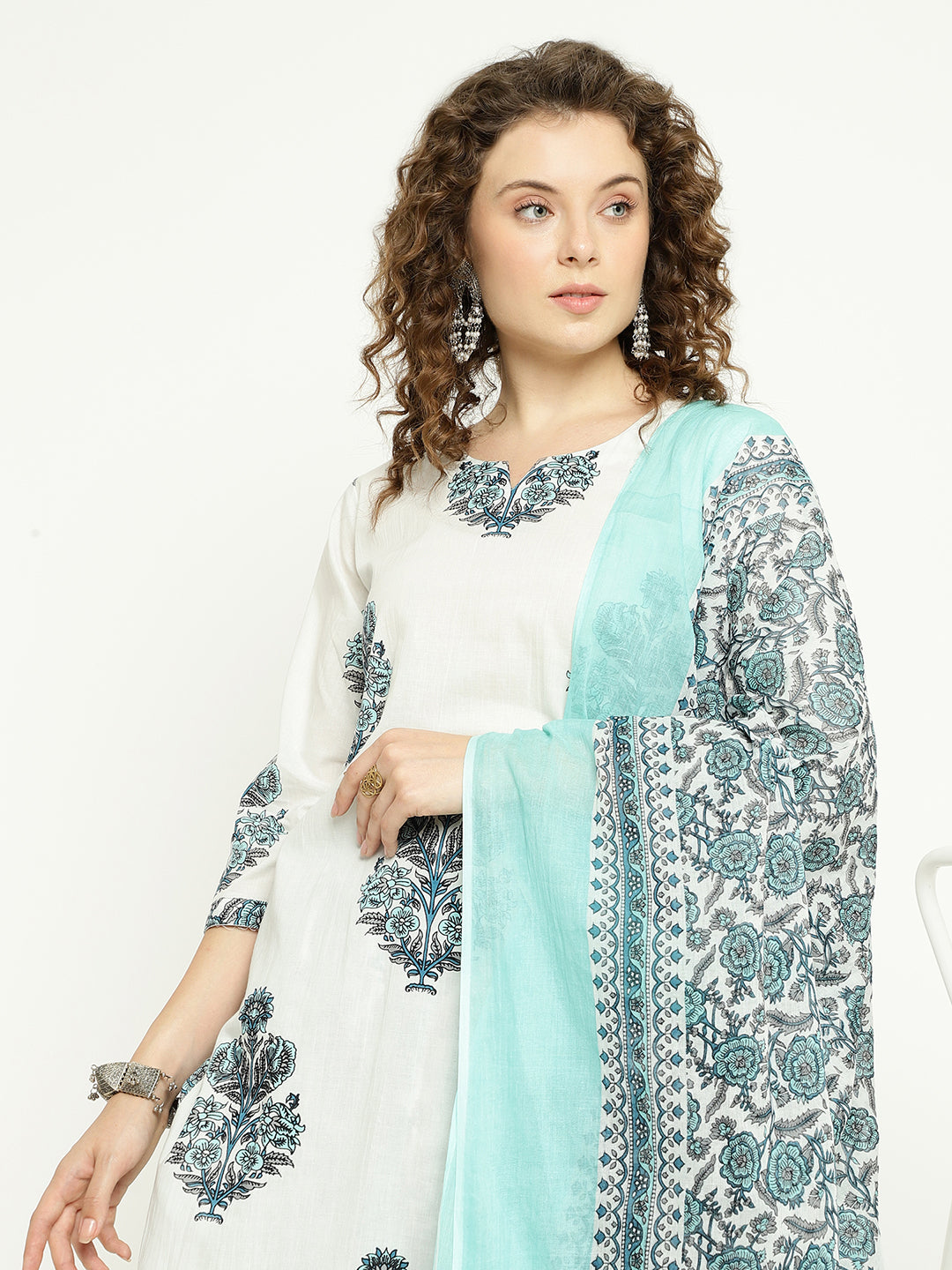 White & Aqua Blue Printed Cotton Kurta Set with Dupatta