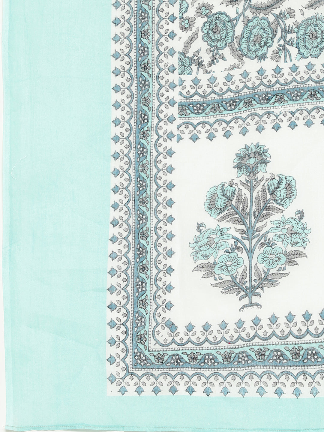 White & Aqua Blue Printed Cotton Kurta Set with Dupatta