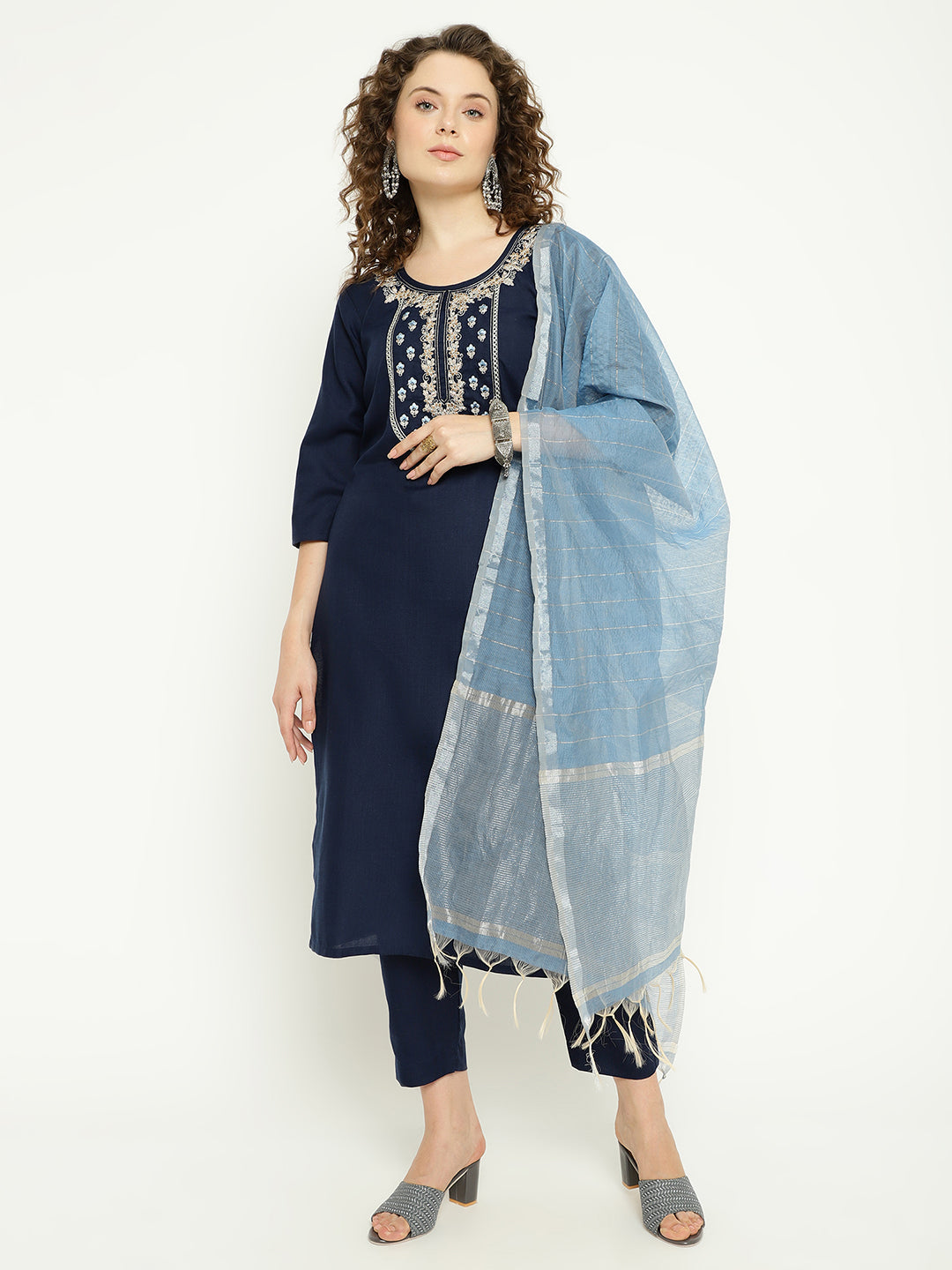 Navy Blue Magic Cotton Embroidered Kurta Pant Set with Kota Dupatta
