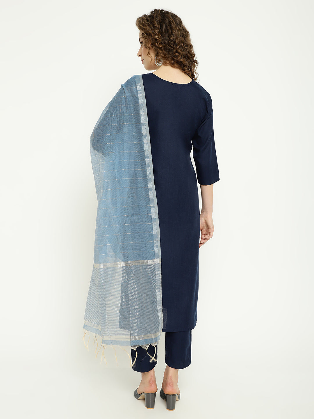 Navy Blue Magic Cotton Embroidered Kurta Pant Set with Kota Dupatta