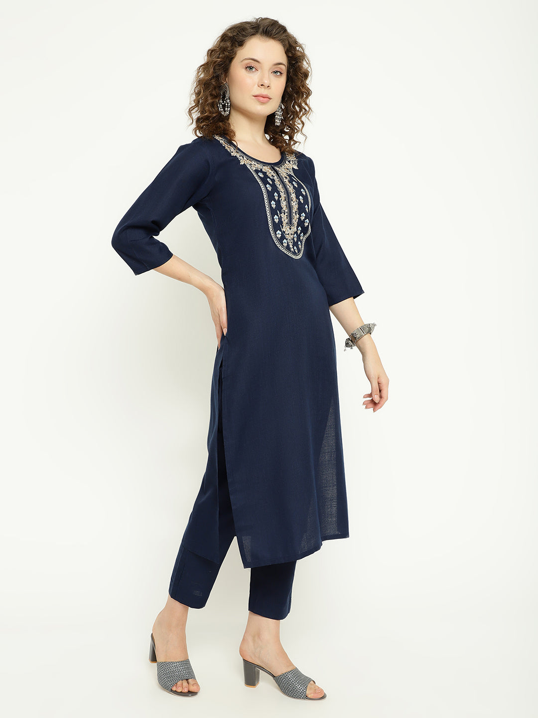 Navy Blue Magic Cotton Embroidered Kurta Pant Set with Kota Dupatta