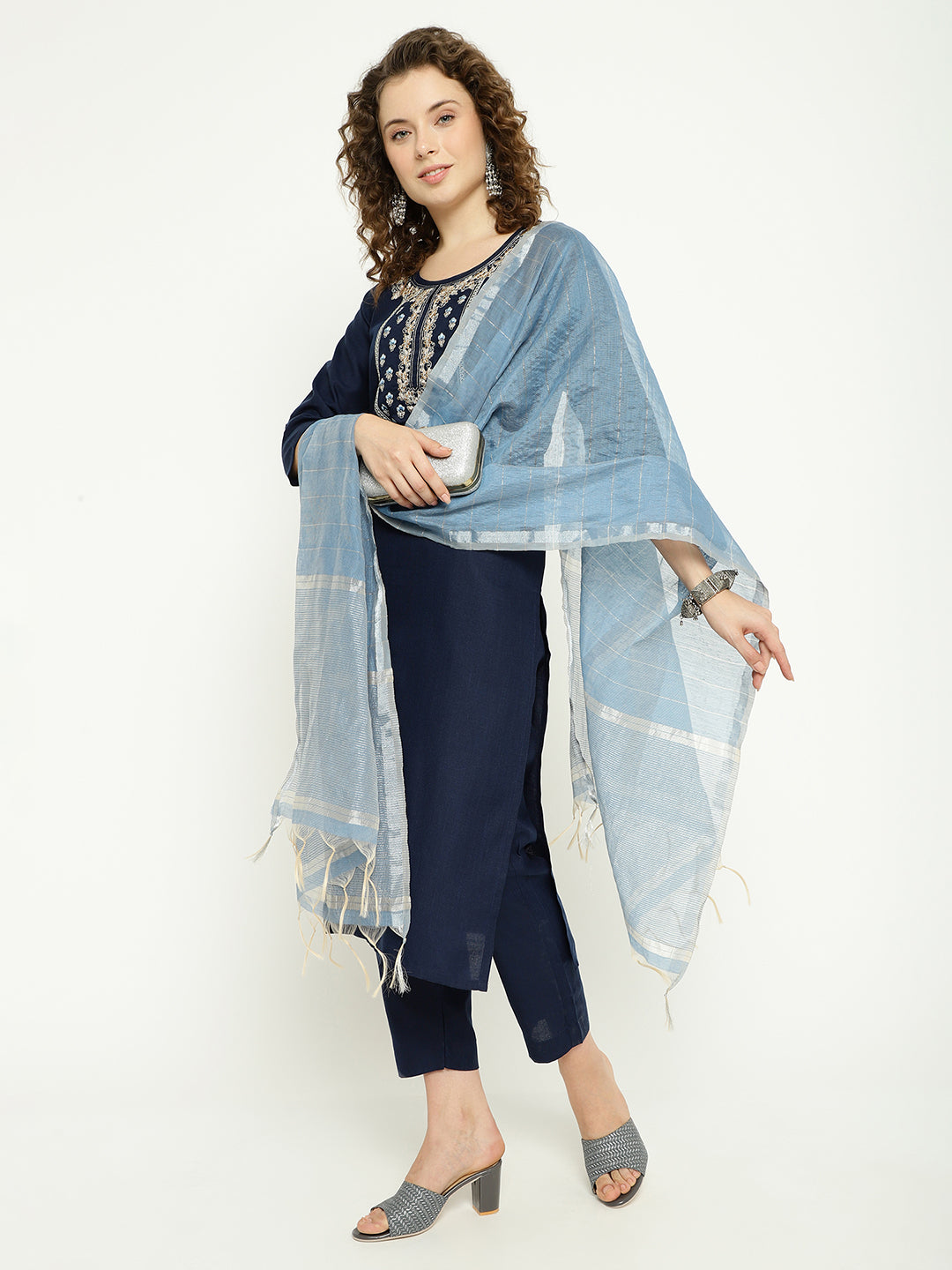 Navy Blue Magic Cotton Embroidered Kurta Pant Set with Kota Dupatta