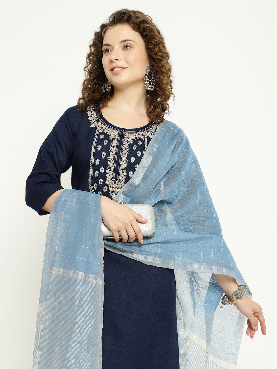 Navy Blue Magic Cotton Embroidered Kurta Pant Set with Kota Dupatta