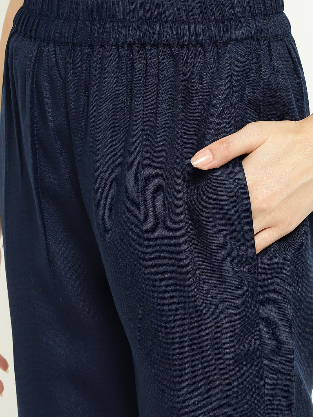 Navy Blue Magic Cotton Embroidered Kurta Pant Set with Kota Dupatta