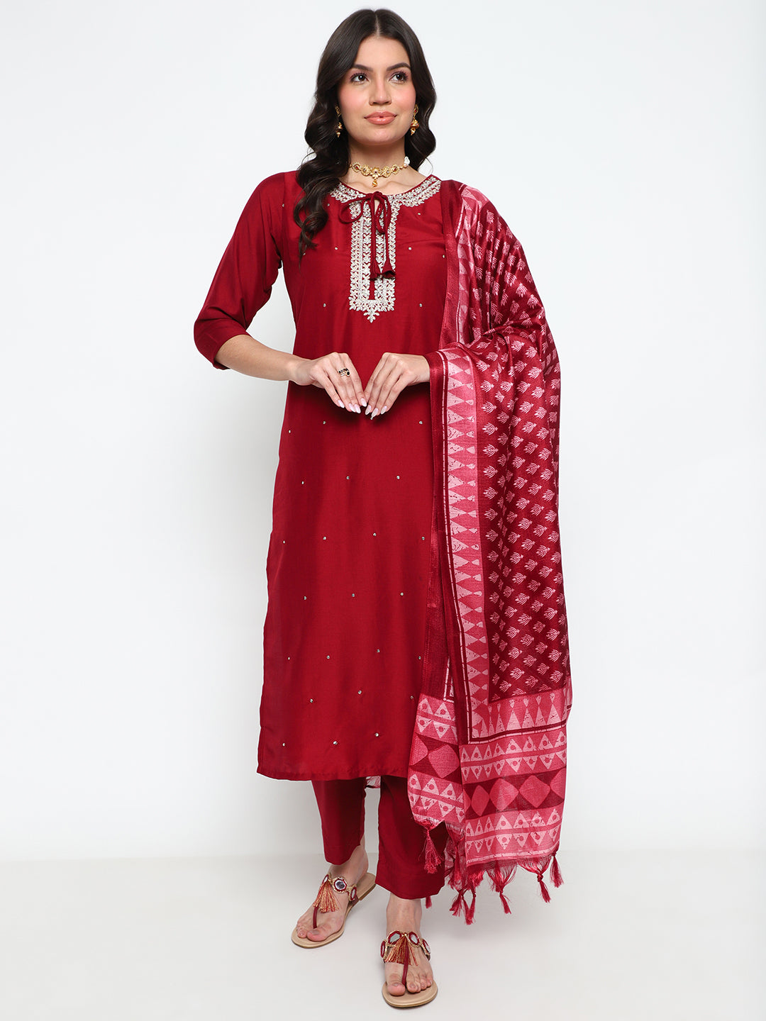 Red Chinnon Embroidered Kurta Set with Printed Dupatta