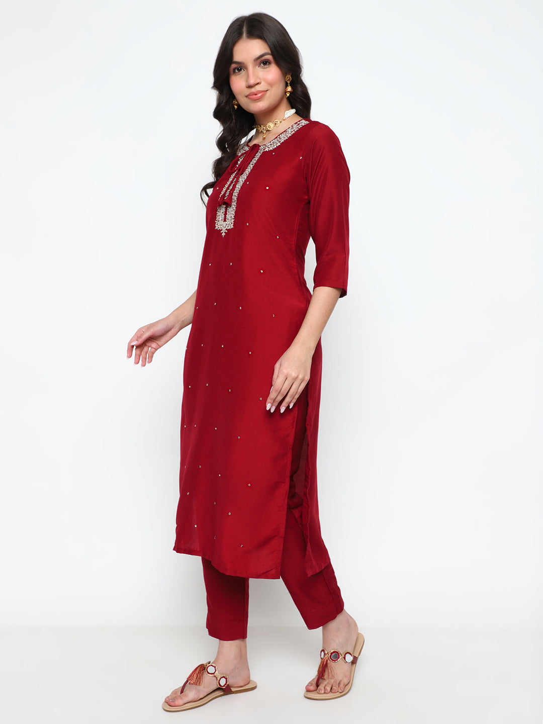 Red Chinnon Embroidered Kurta Set with Printed Dupatta