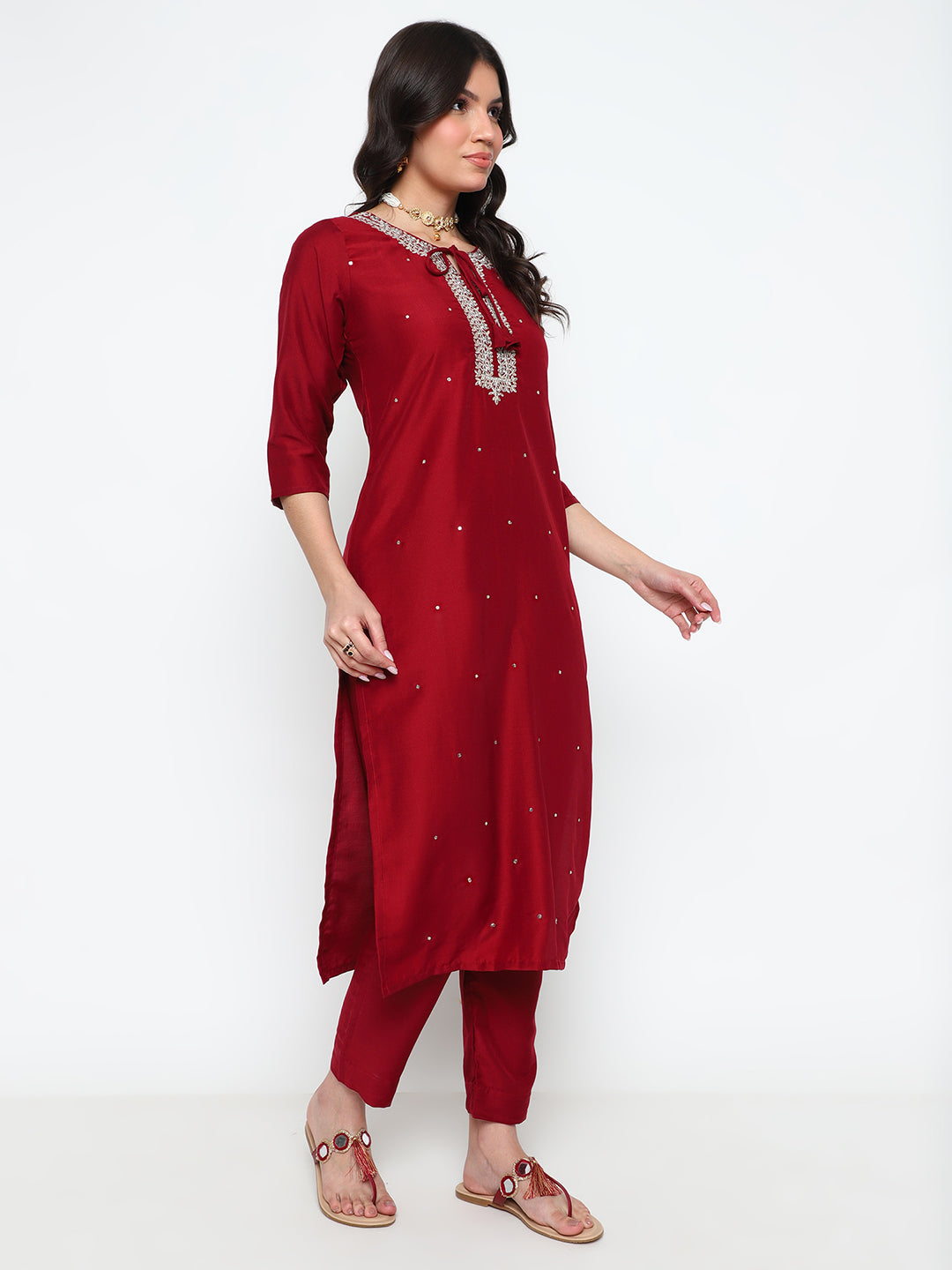 Red Chinnon Embroidered Kurta Set with Printed Dupatta