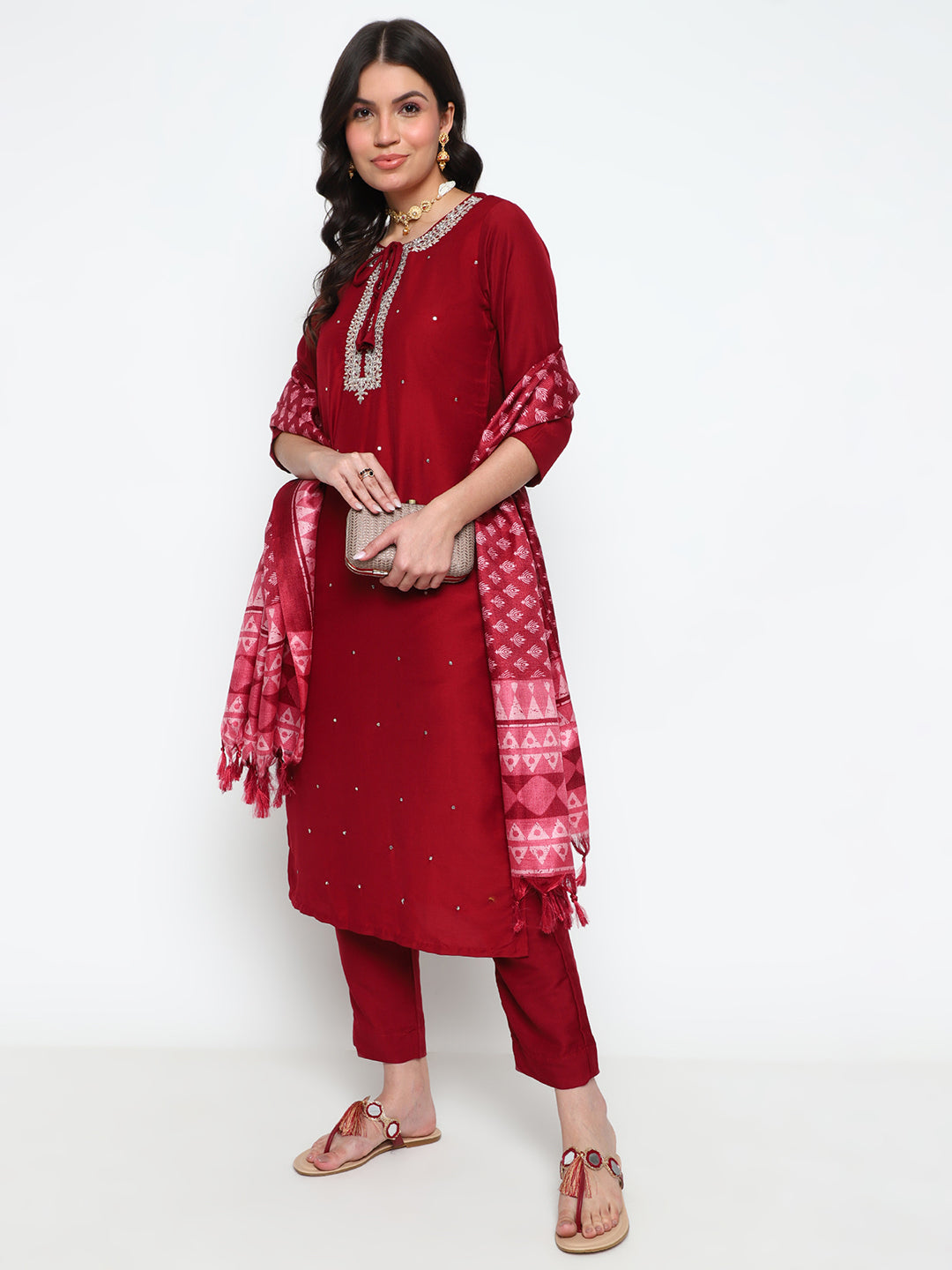 Red Chinnon Embroidered Kurta Set with Printed Dupatta