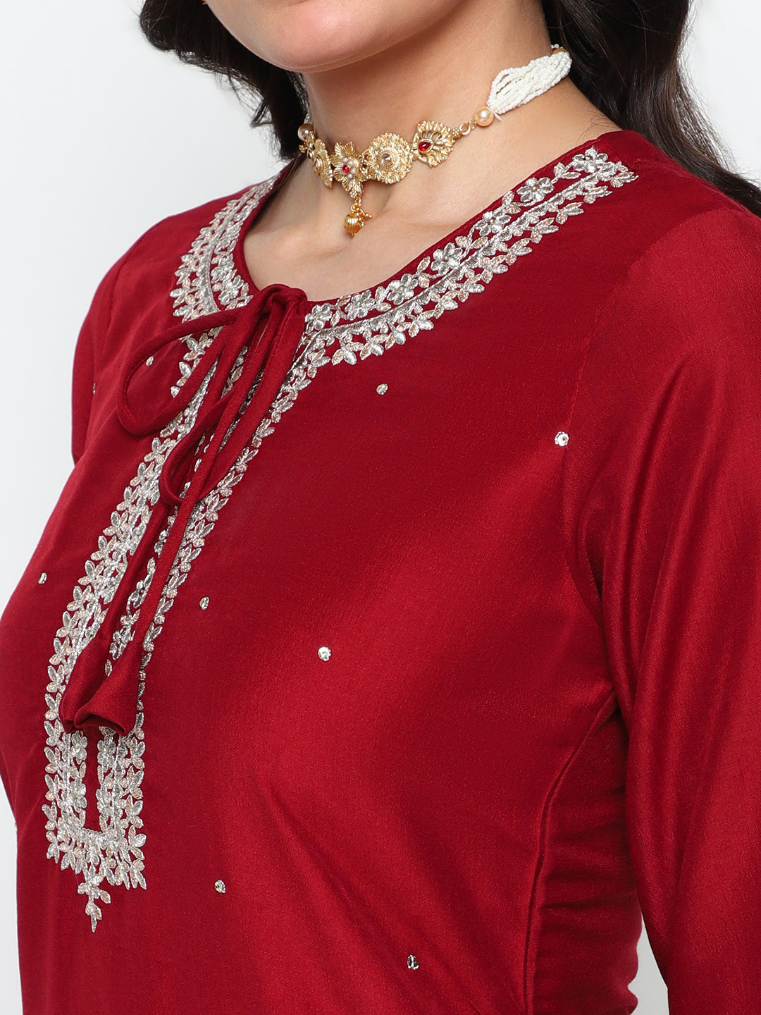 Red Chinnon Embroidered Kurta Set with Printed Dupatta