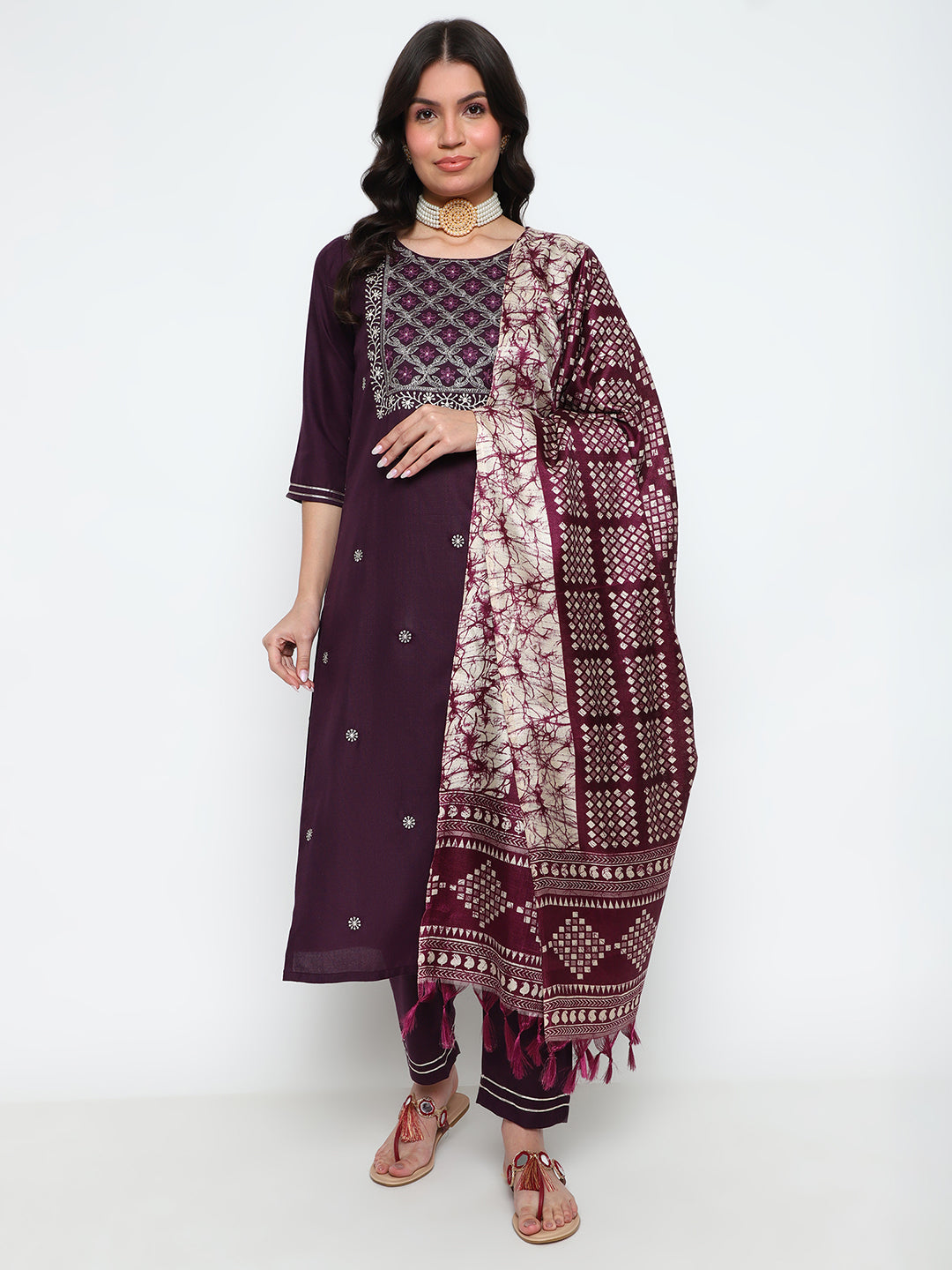 Wine Magic Cotton Kurta Set with Dupatta