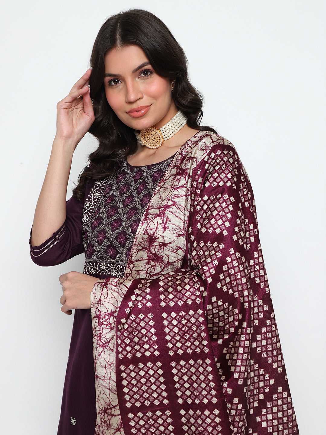 Wine Magic Cotton Kurta Set with Dupatta