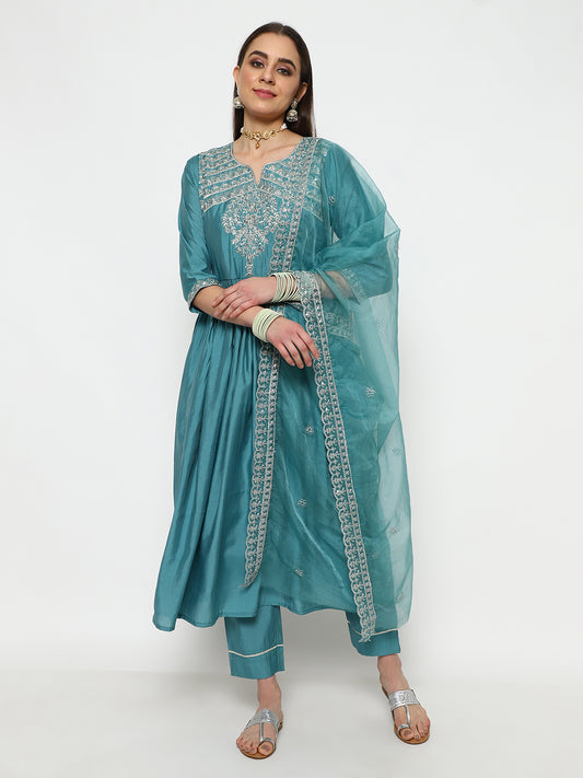 Teal Chanderi Kurta Set with Dupatta