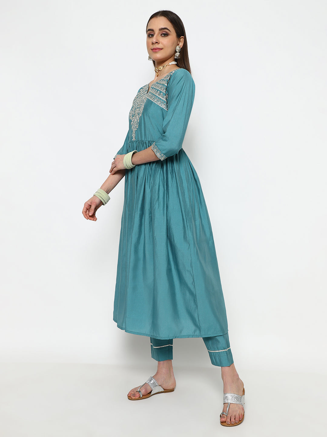 Teal Chanderi Kurta Set with Dupatta