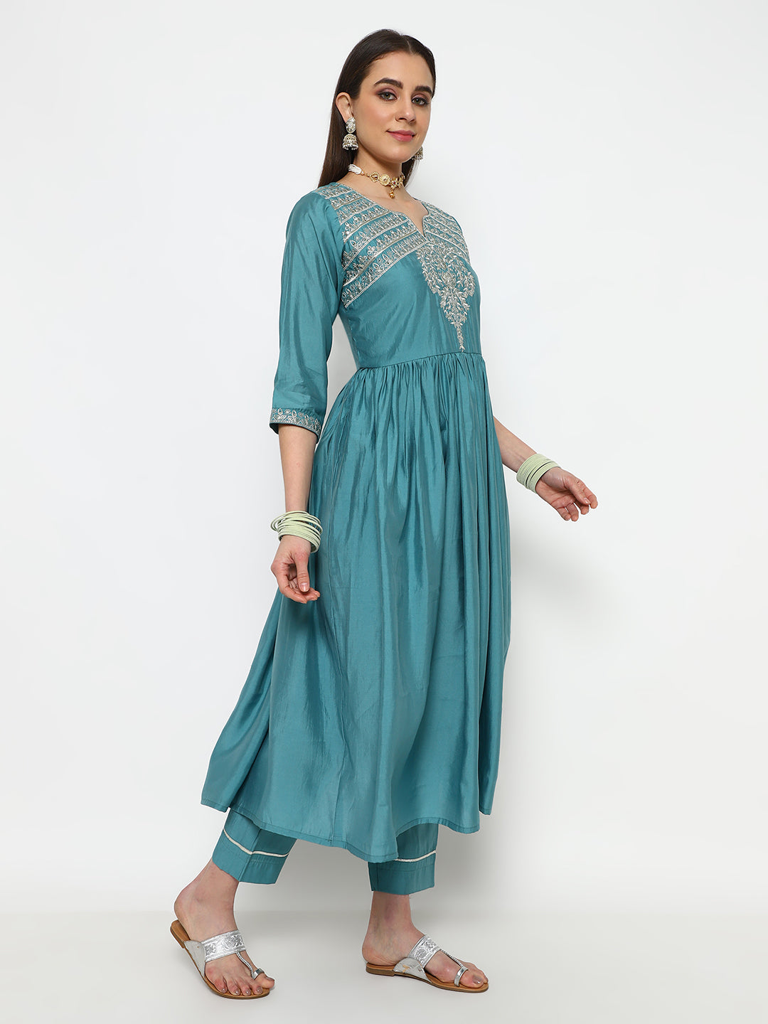 Teal Chanderi Kurta Set with Dupatta