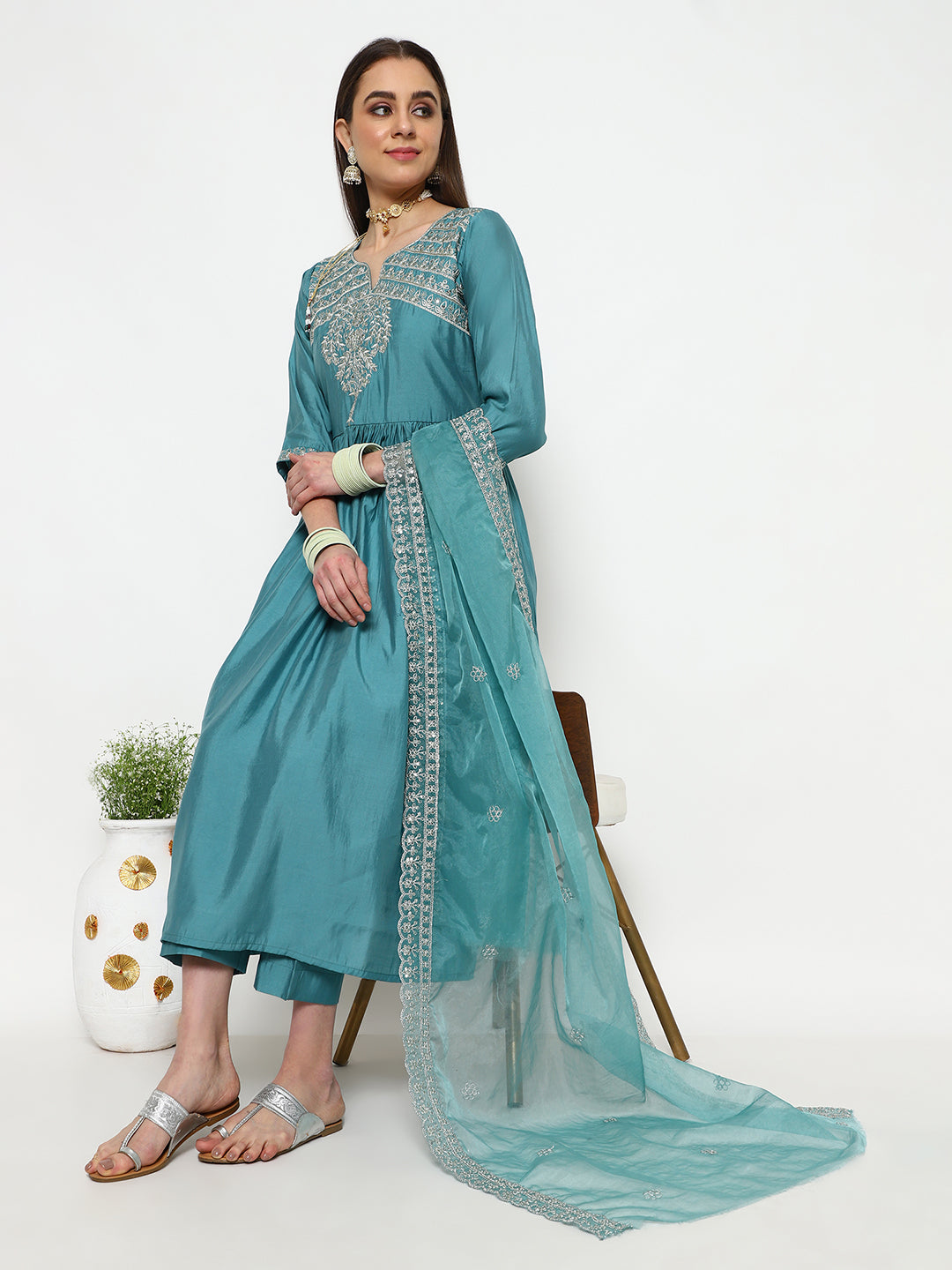 Teal Chanderi Kurta Set with Dupatta