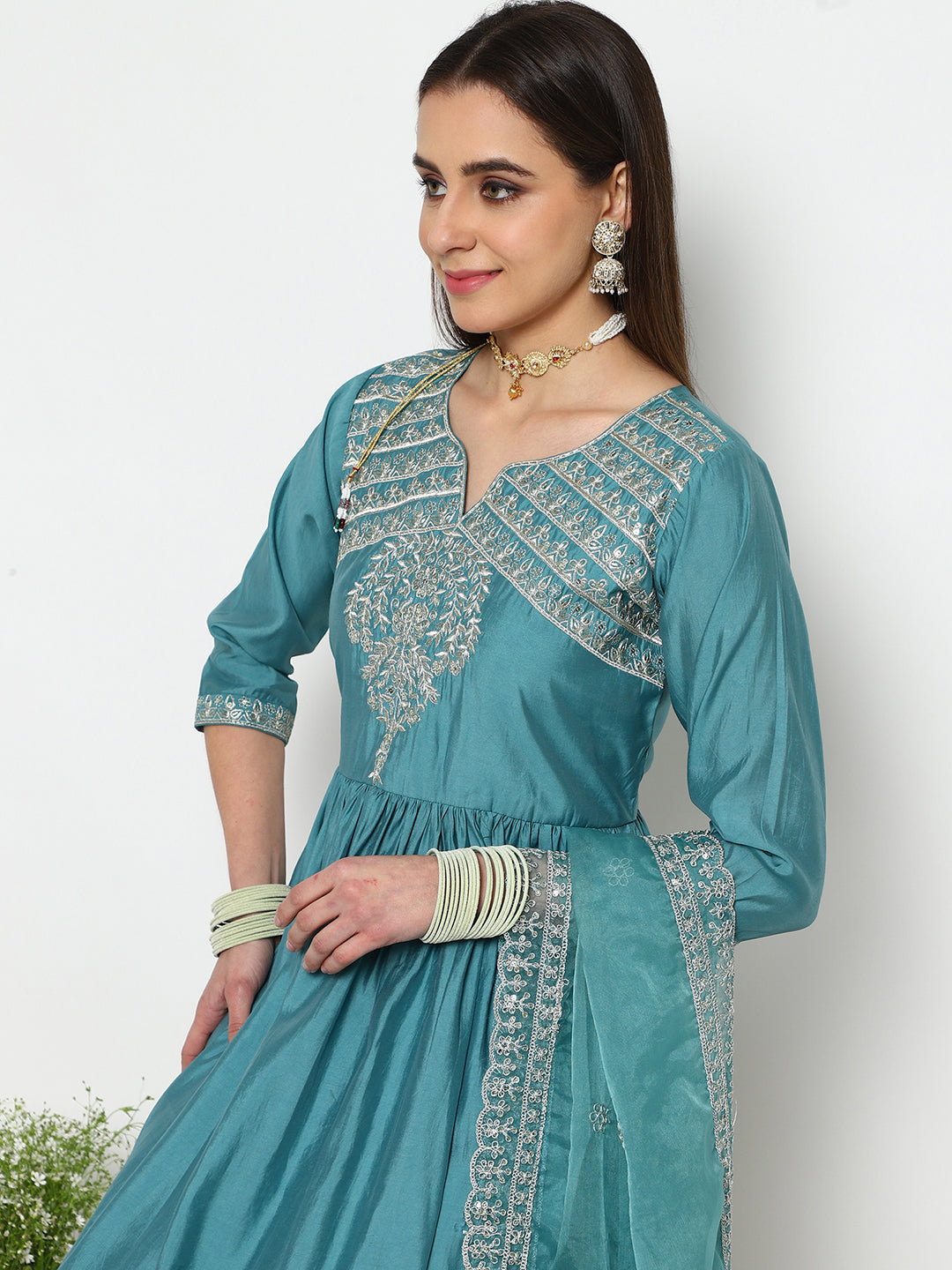 Teal Chanderi Kurta Set with Dupatta