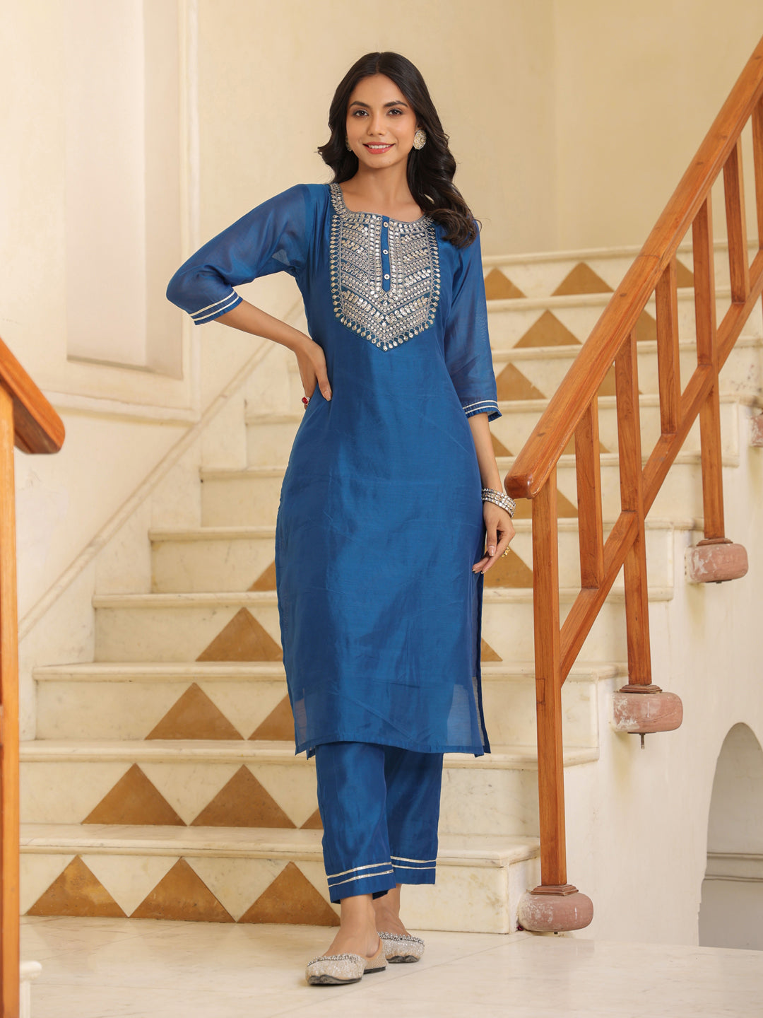 Royal Blue Chanderi Kurta Set with Printed Dupatta