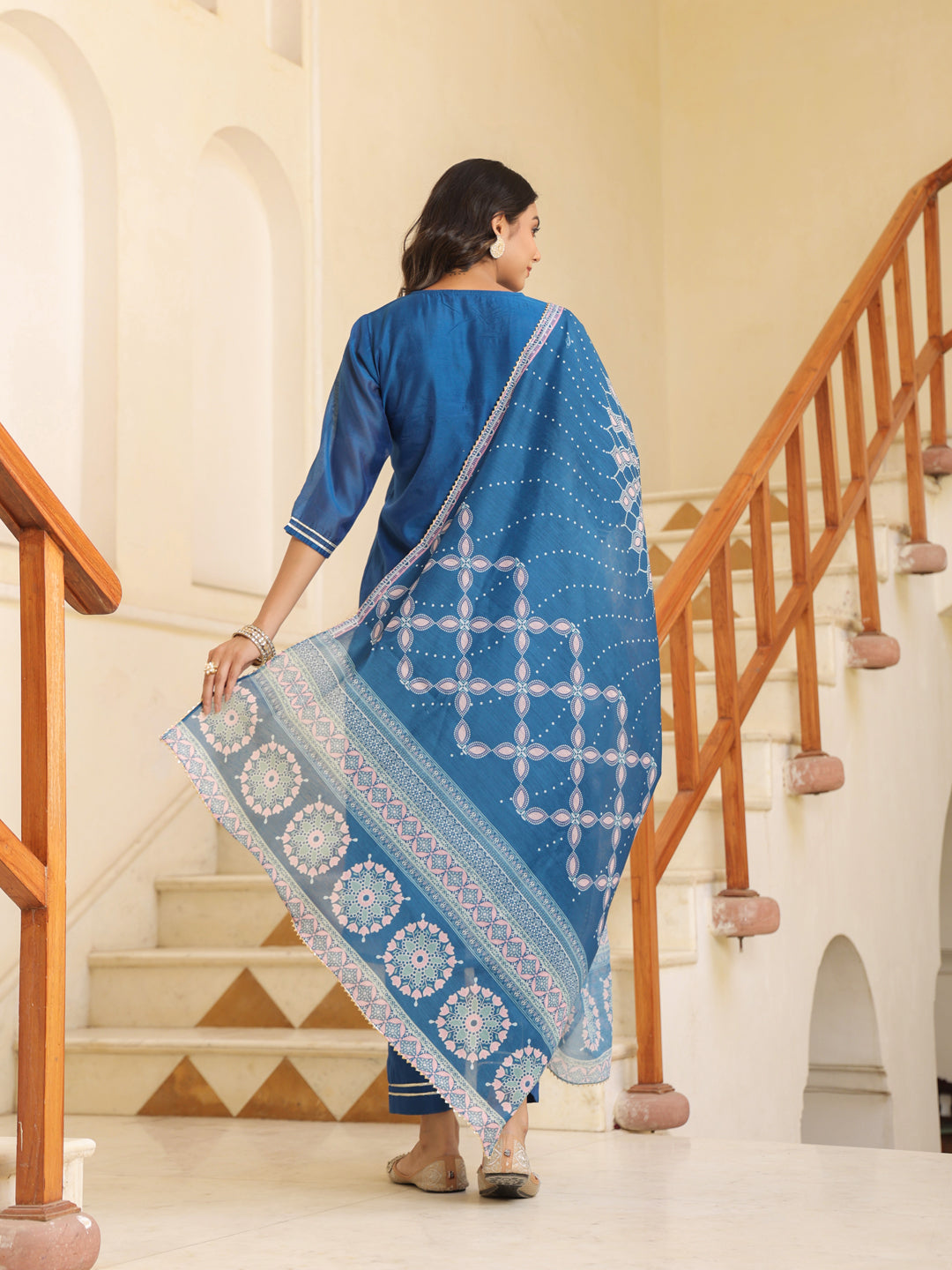 Royal Blue Chanderi Kurta Set with Printed Dupatta