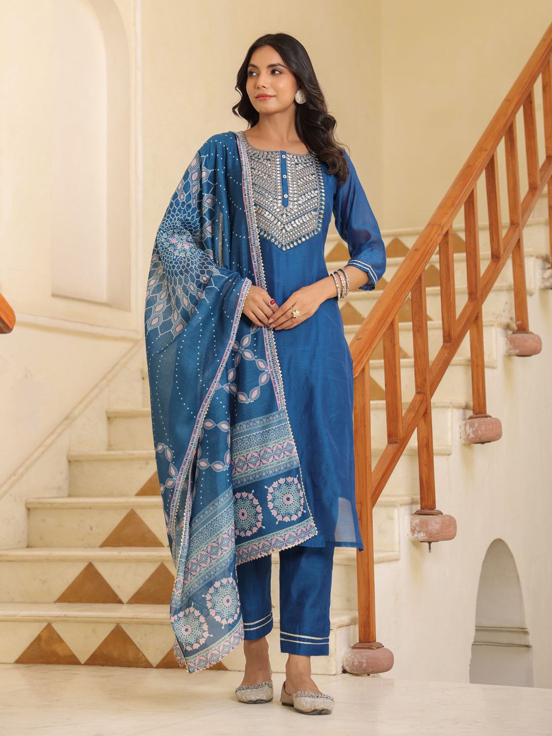 Royal Blue Chanderi Kurta Set with Printed Dupatta