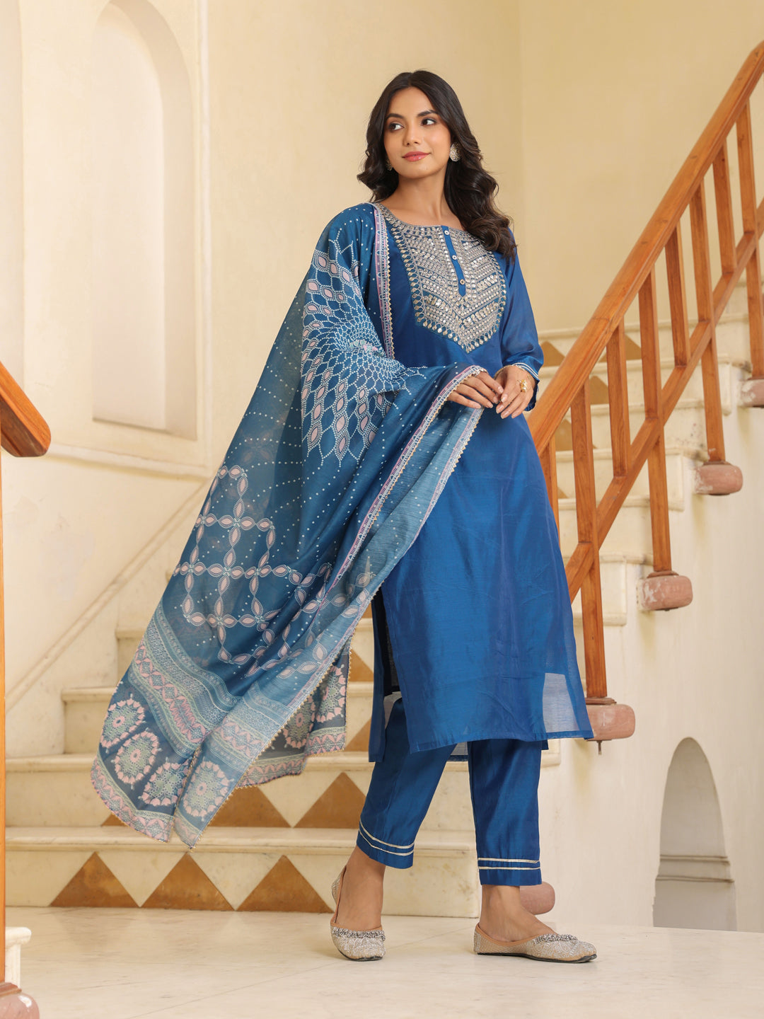 Royal Blue Chanderi Kurta Set with Printed Dupatta