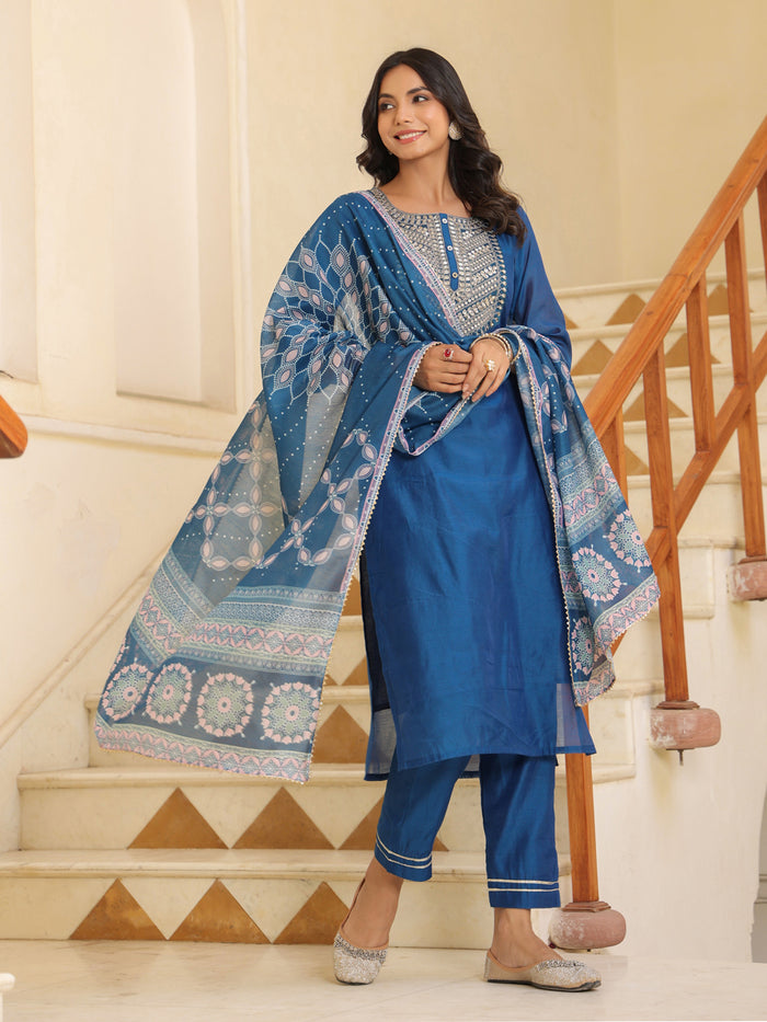 Royal Blue Chanderi Kurta Set with Printed Dupatta