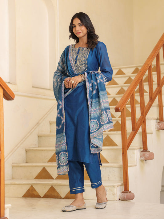 Royal Blue Chanderi Kurta Set with Printed Dupatta