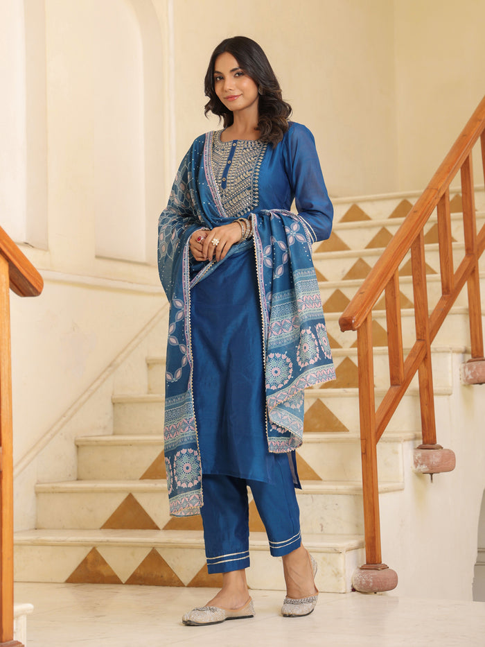 Royal Blue Chanderi Kurta Set with Printed Dupatta