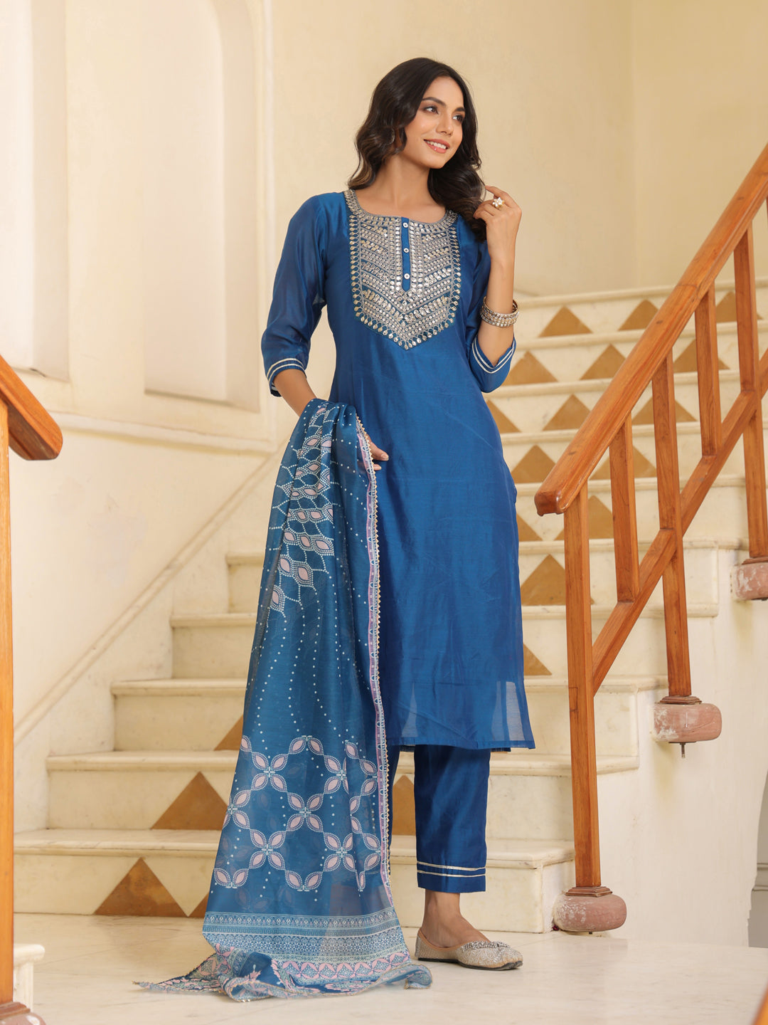 Royal Blue Chanderi Kurta Set with Printed Dupatta